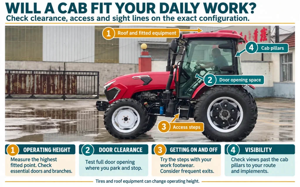 Annotated cab tractor showing height checks door clearance access steps and pillar sight lines - Is a Tractor with a Cabin Worth It for Your Farm Work? Open ROPS, canopy and enclosed tractor cab compared by weather, climate equipment, dust, access, height and upkeep