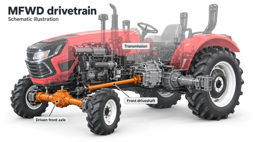 MFWD drivetrain schematic showing the transmission, front driveshaft and driven front axle