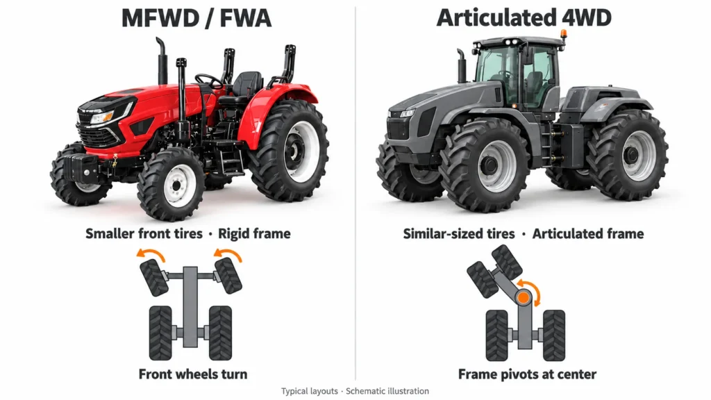 MFWD drivetrain schematic showing the transmission, front driveshaft and driven front axle